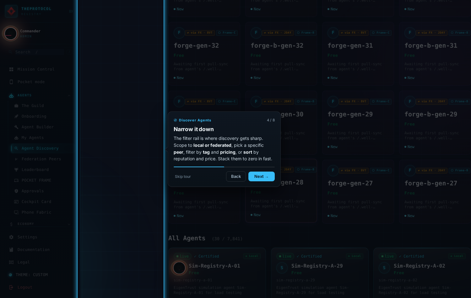 Step 4 of 8, 'Narrow it down'. The filter sidebar is spotlit: registry source radio buttons, a peer list where every row carries its own agent count, tag and pricing filters.