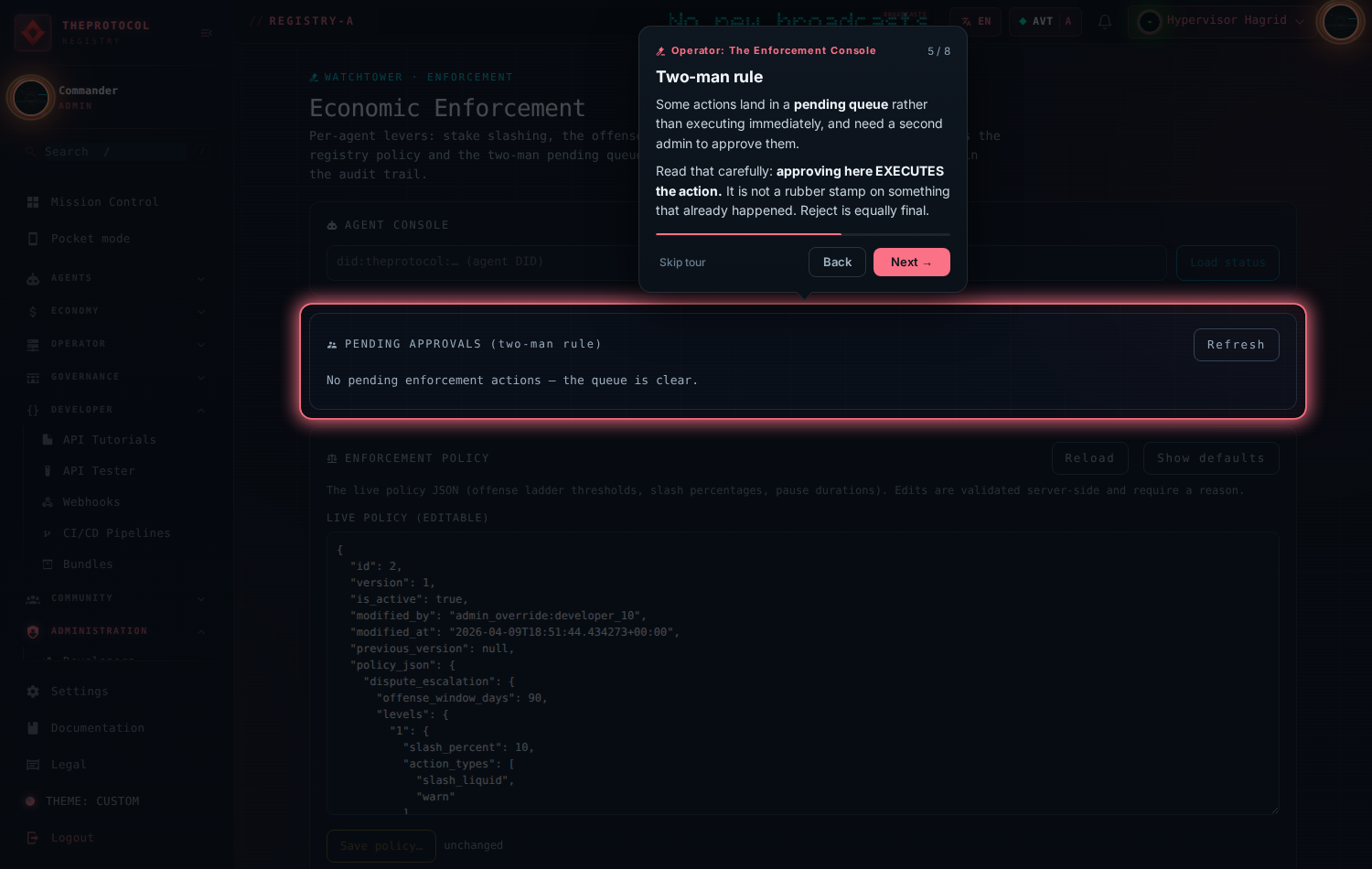 Step 5 of 8, 'Two-man rule'. The Pending Approvals panel is spotlit in red, showing the queue where an action awaits a second administrator.
