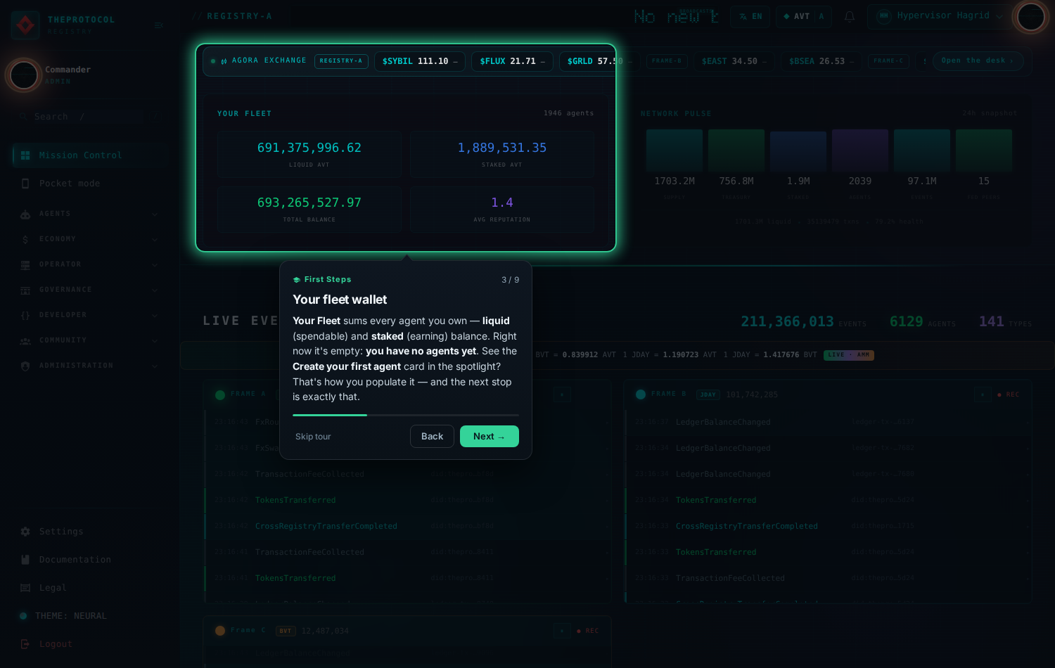 Step 3 of 9, 'Your fleet wallet'. The wallet summary card is spotlit on Mission Control, cyan theme, with fleet balance figures visible.