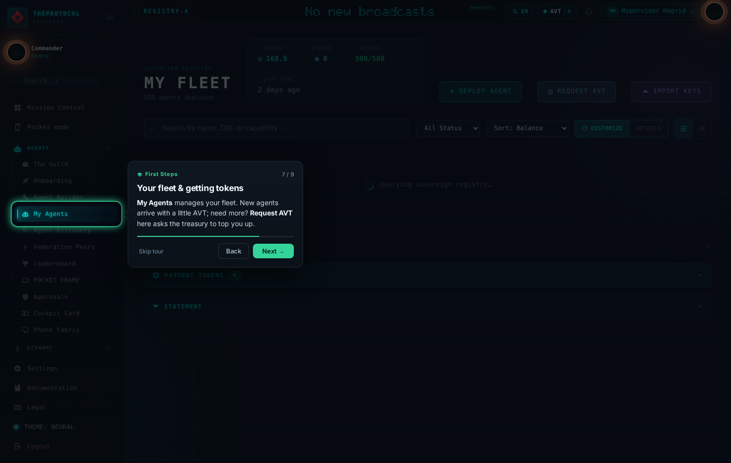 Step 7 of 9, 'Your fleet and getting tokens'. Frame wallet cards for Frame A, Frame B and Frame C are spotlit with per-frame balances and currency codes AVT, JDAY, BVT.