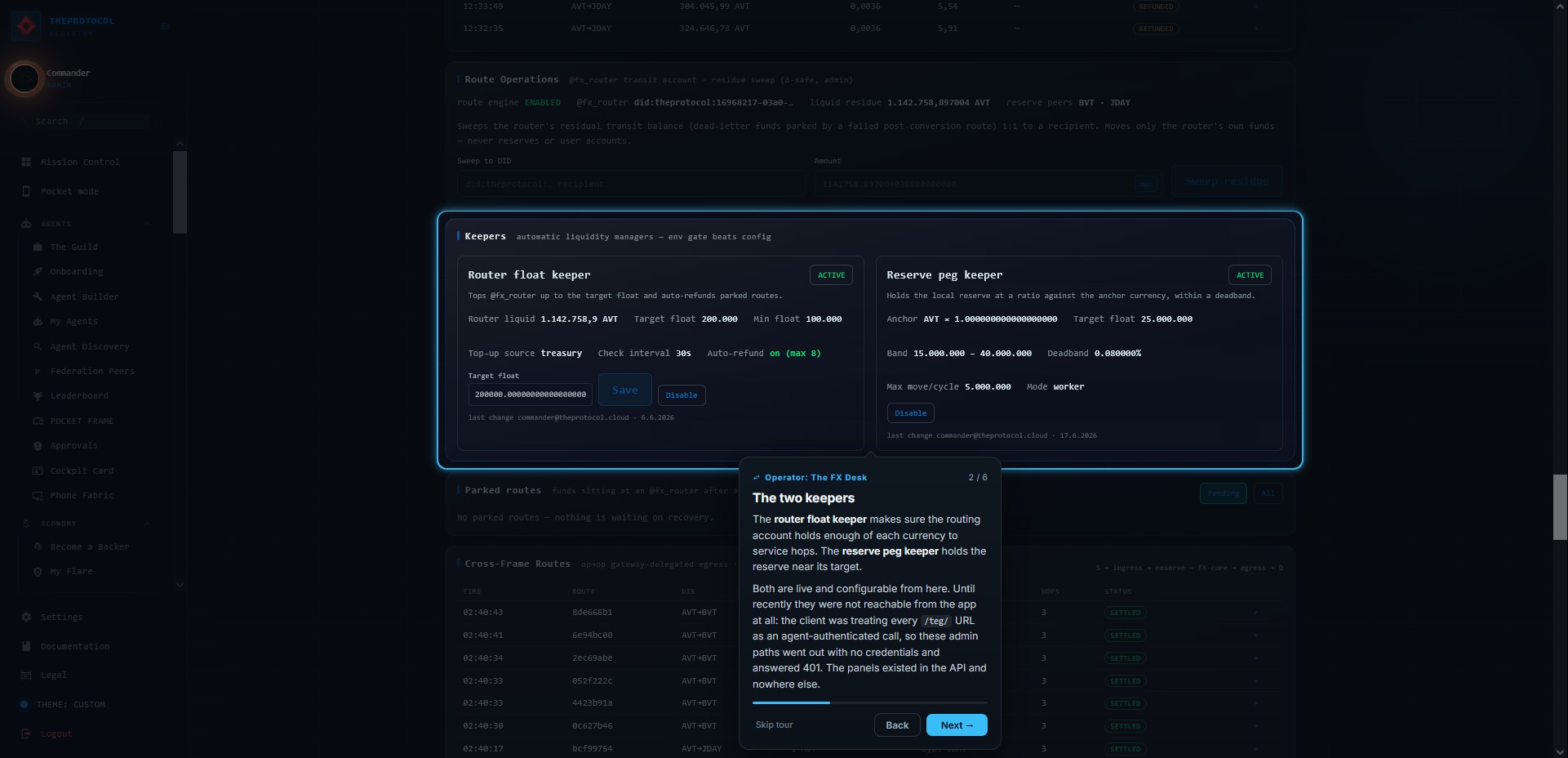 Step 2 of 6, 'The two keepers'. The keeper card pair is spotlit: a Router float keeper showing router liquid of 1,142,758.9 AVT against a 200,000 target float with treasury as the top-up source and a 30 second check interval, and a Reserve peg keeper marked ACTIVE with a 25,000,000 target float and a 0.08 percent deadband.