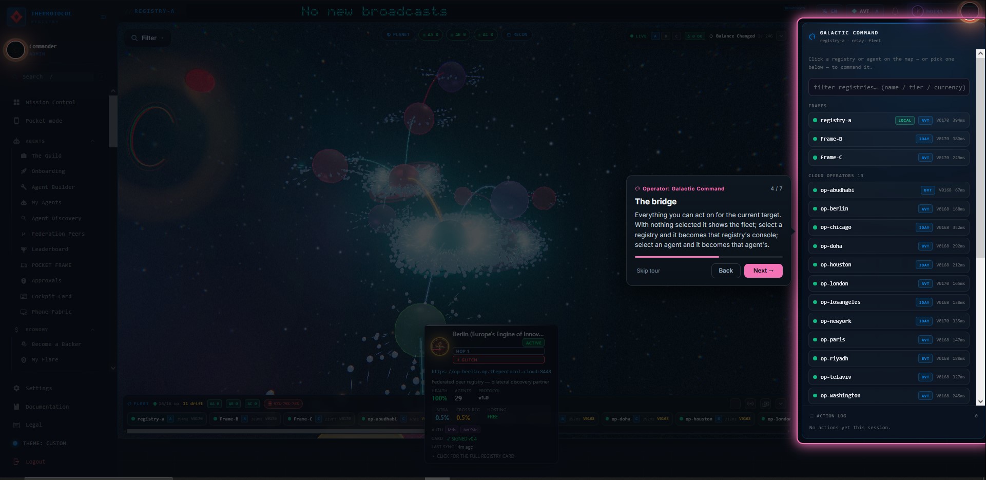 Step 4 of 7, 'The bridge'. The right-hand command panel is spotlit in full, listing the three frames and all thirteen cloud operators with health dots, currency chips, version tags and response times.