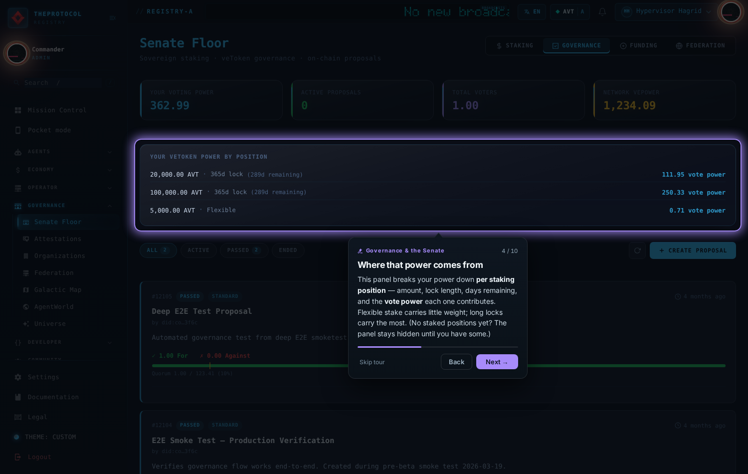 Step 4 of 10, 'Where that power comes from'. The voting-power explanation card is spotlit, describing veToken weight derived from staked amount and lock time.