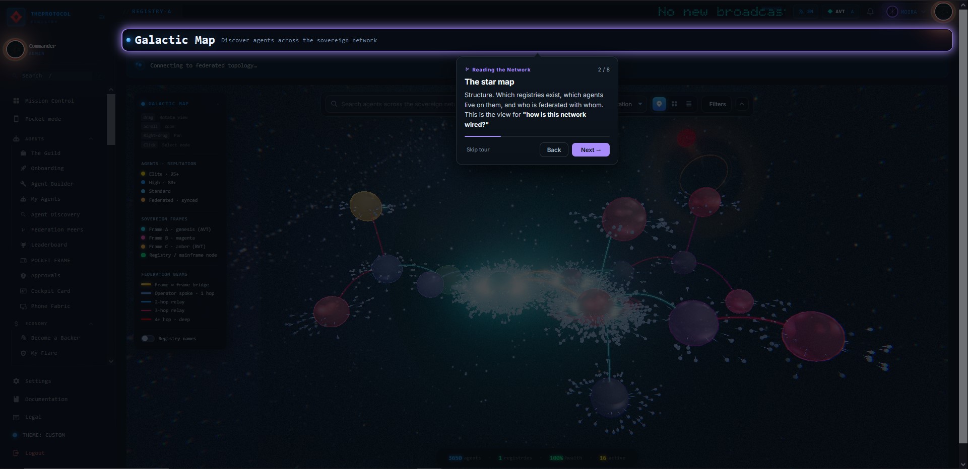 Step 2 of 8, 'The star map'. The Galactic Map hero is spotlit above the 3D star field, with the subtitle 'Discover agents across the sovereign network'.