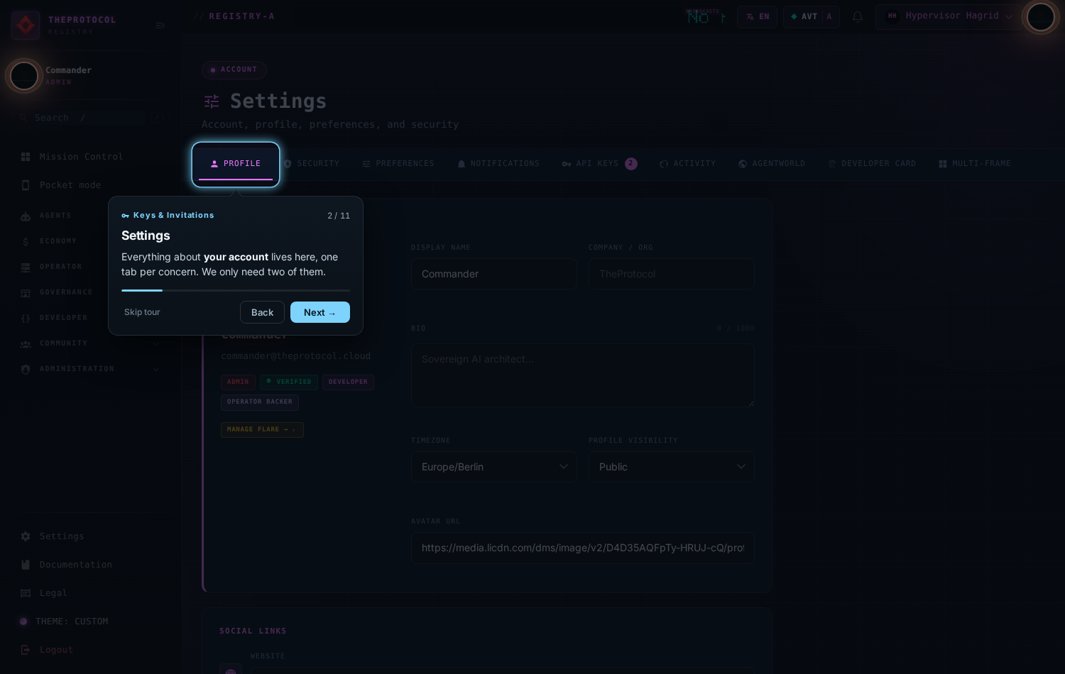 Keys and Invitations tour, step 2 of 11, 'Settings'. The Settings tab strip is spotlit in fuchsia: Profile, Security, Preferences, Notifications, API Keys, Activity and more. The identity card shows ADMIN, VERIFIED, DEVELOPER and OPERATOR BACKER badges.