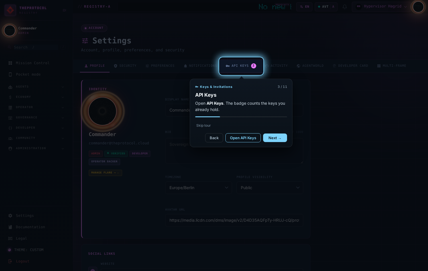 Step 3 of 11, 'API Keys'. The API KEYS tab is spotlit with a count badge; the tour card offers an Open API Keys action button.
