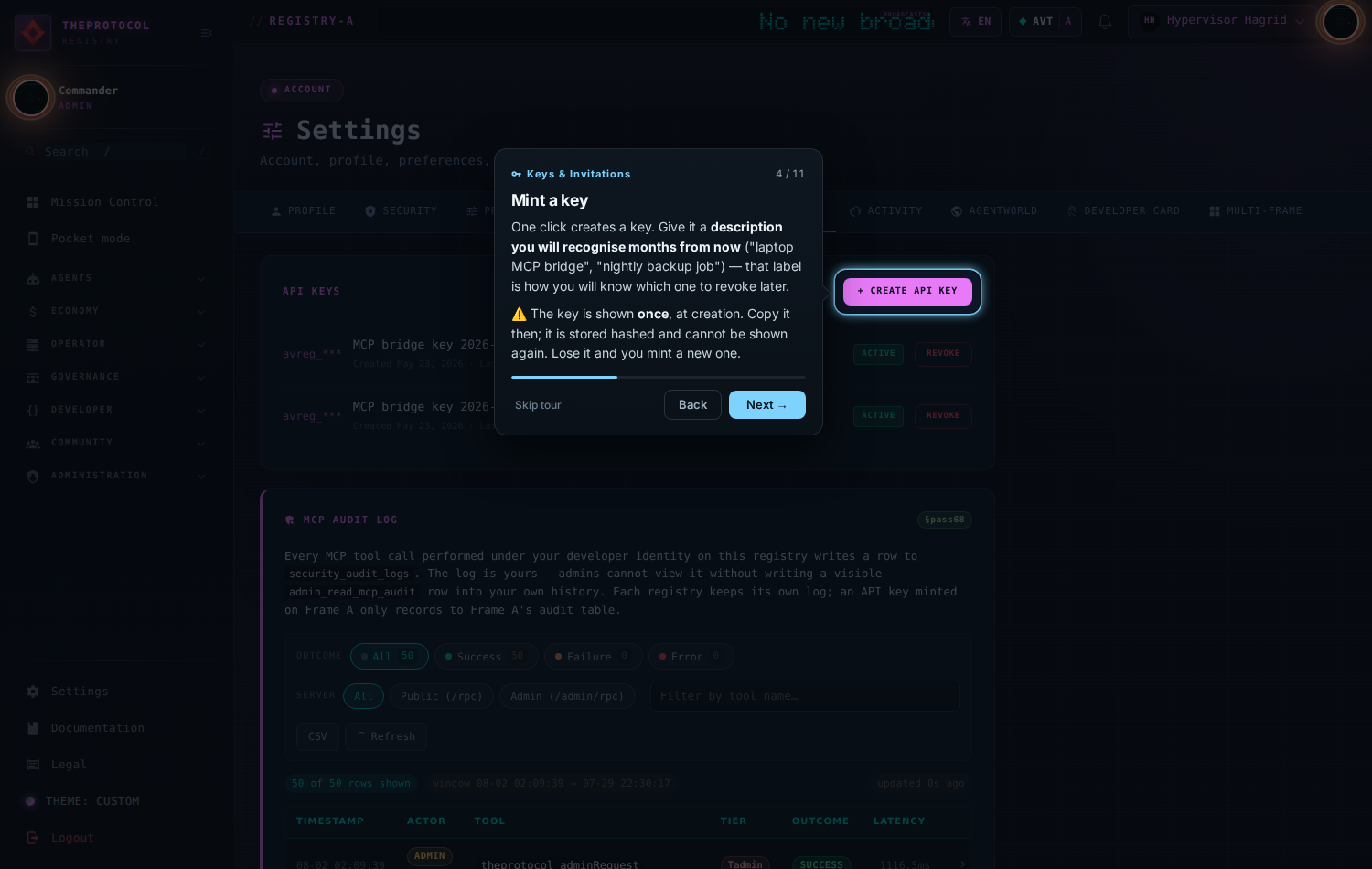 Step 4 of 11, 'Mint a key'. The key-minting form is spotlit on the API tab.