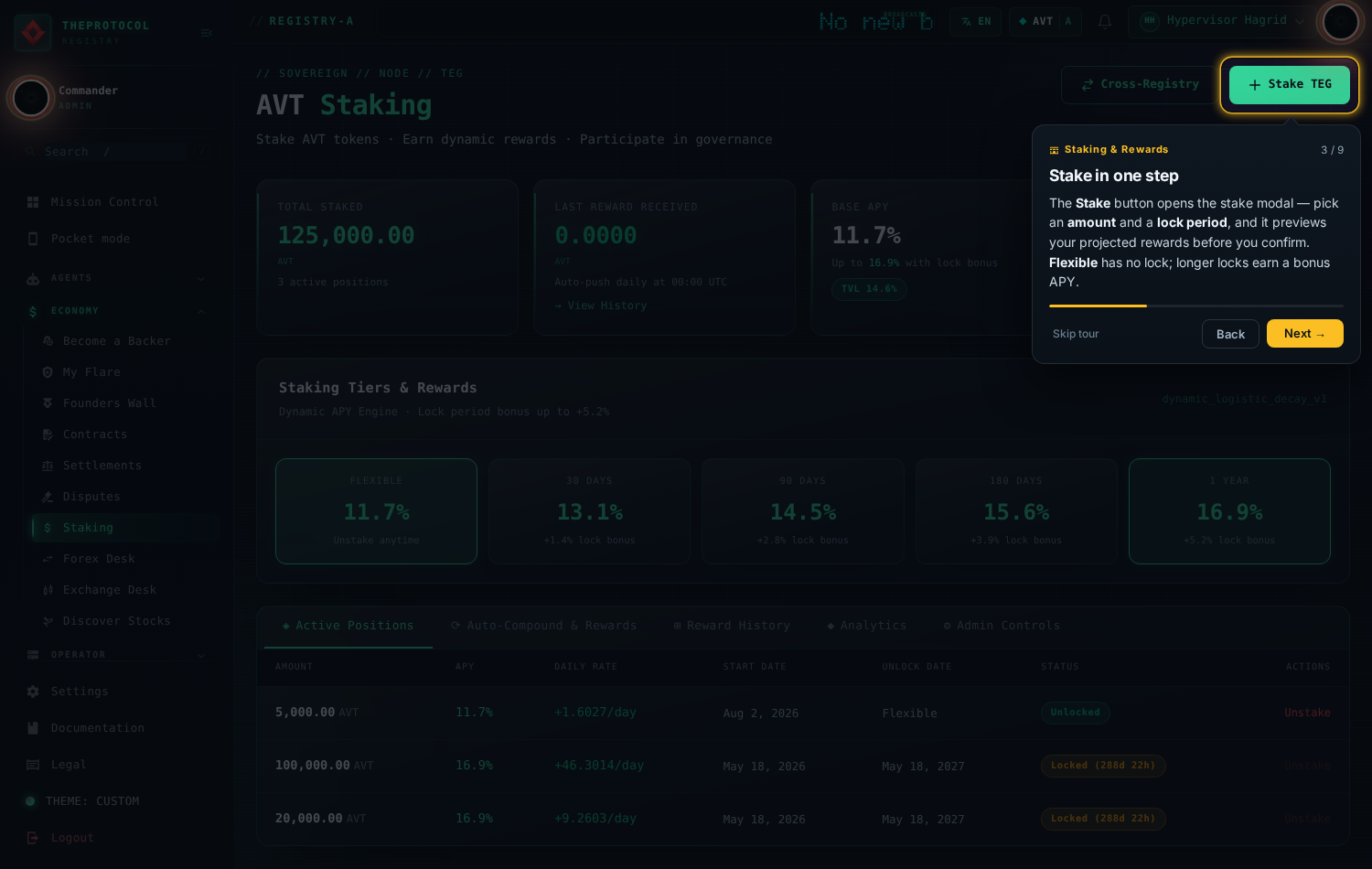 Step 3 of 9, 'Stake in one step'. The Stake TEG button is spotlit in the page header.