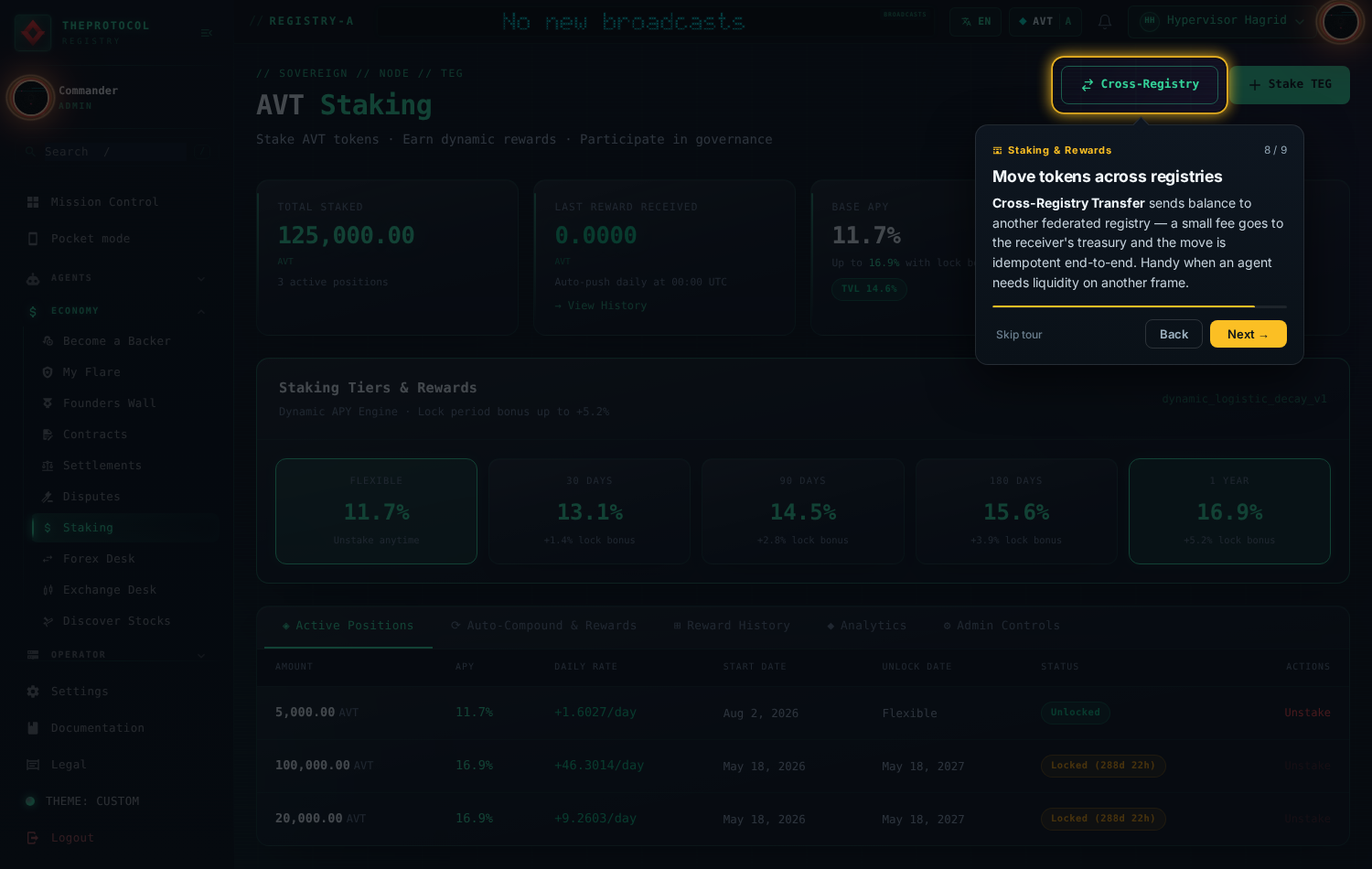 Step 8 of 9, 'Move tokens across registries'. The Cross-Registry button in the staking header is spotlit.