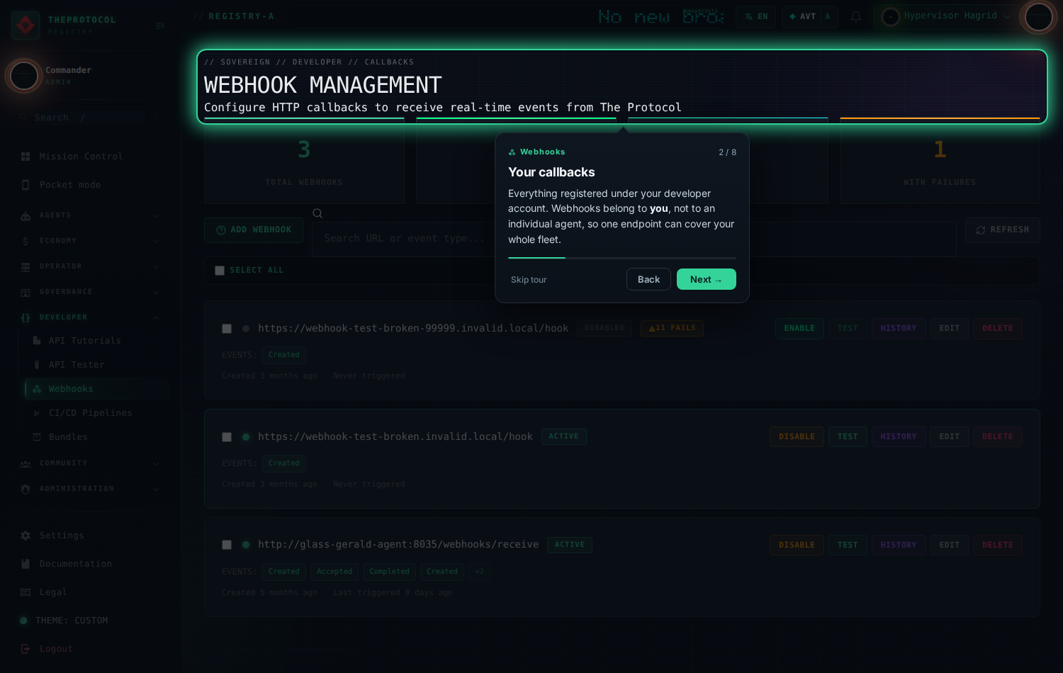 Webhooks tour, step 2 of 8, 'Your callbacks'. The Webhooks page hero is spotlit in green.