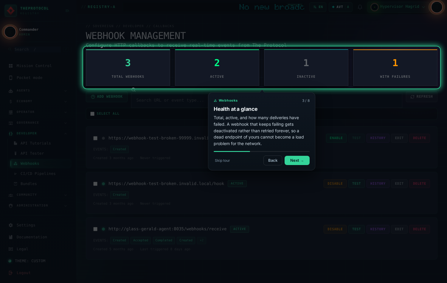 Step 3 of 8, 'Health at a glance'. The delivery statistics strip is spotlit in green, showing counts of endpoints, deliveries and failures.