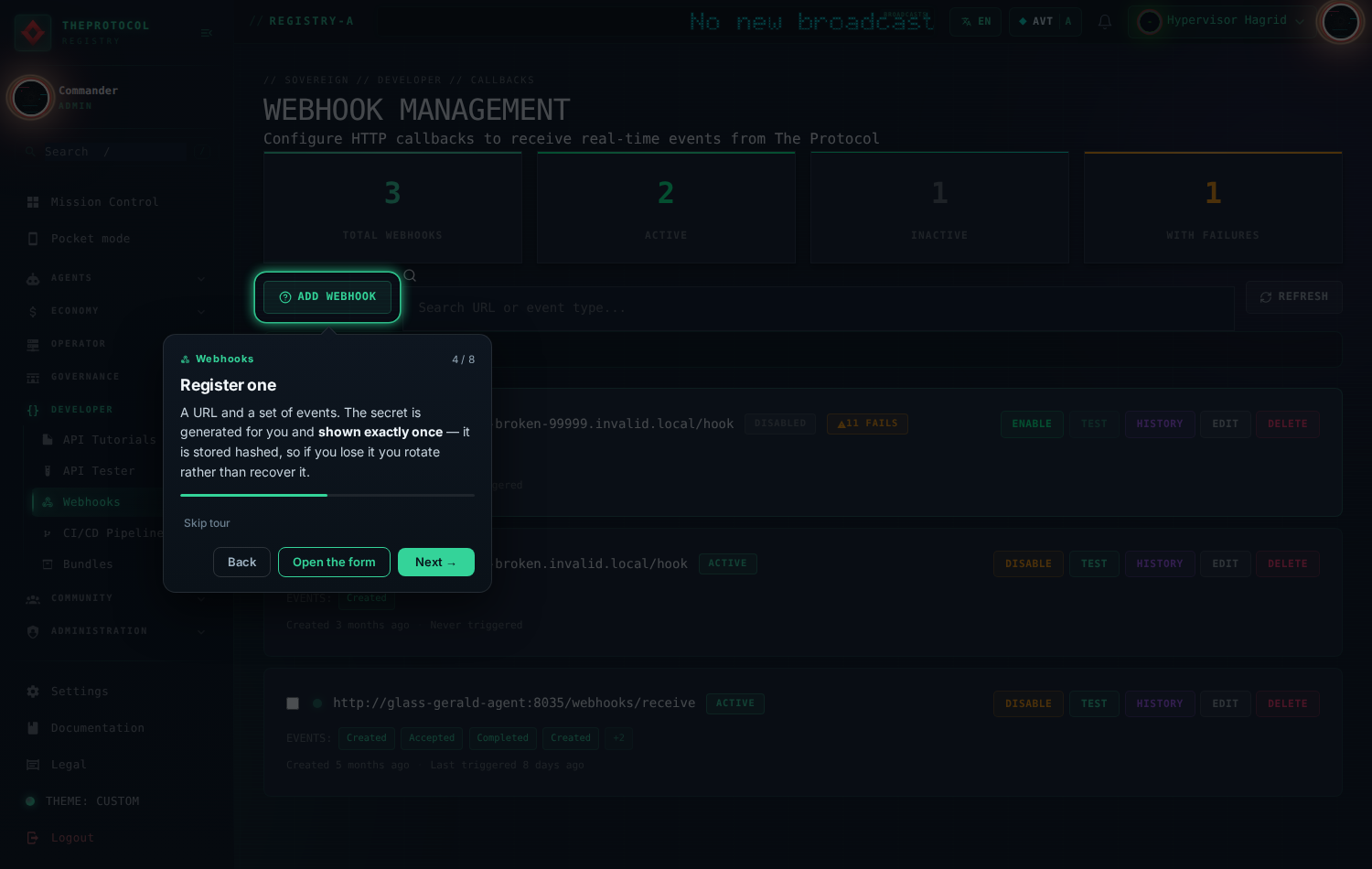 Step 4 of 8, 'Register one'. The Add Webhook button is spotlit in green above the endpoint list.