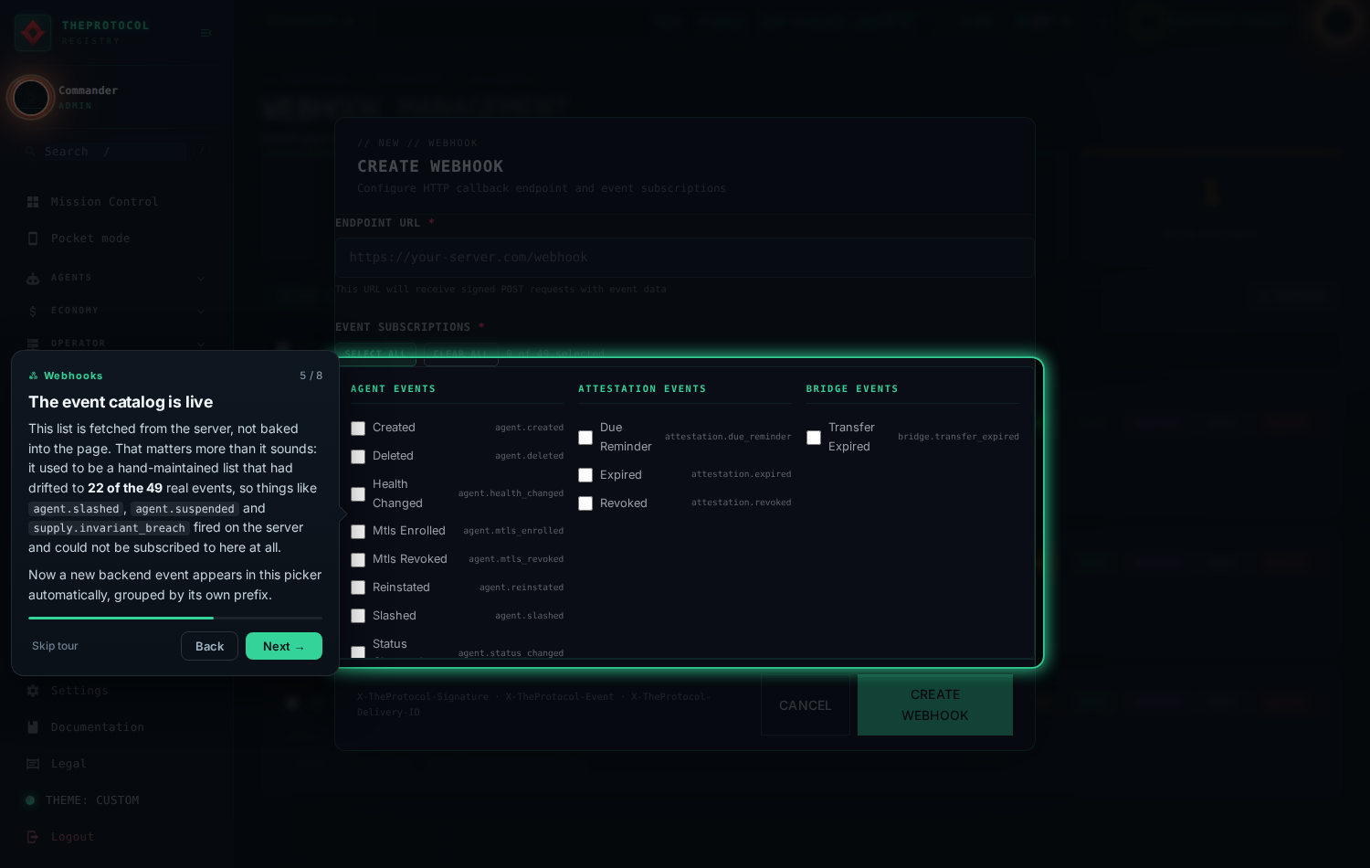 Step 5 of 8, 'The event catalog is live'. The Create Webhook modal is open with the event subscription grid spotlit in green, showing columns for AGENT EVENTS, ATTESTATION EVENTS and BRIDGE EVENTS with per-event checkboxes. The footer names the delivery headers X-TheProtocol-Signature, X-TheProtocol-Event and X-TheProtocol-Delivery-ID.