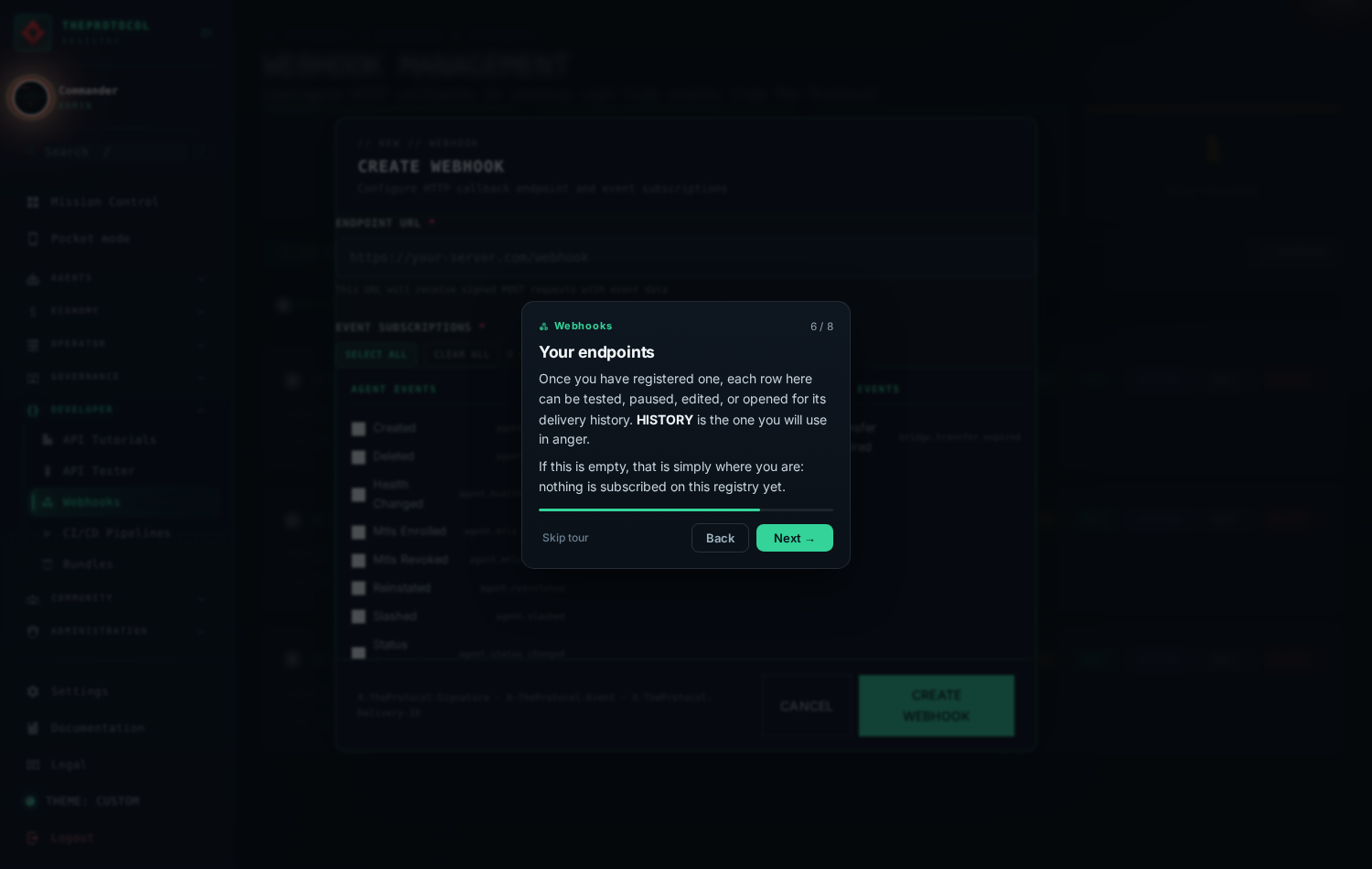Step 6 of 8, 'Your endpoints'. The endpoint list is spotlit in green, each row offering history and management controls.