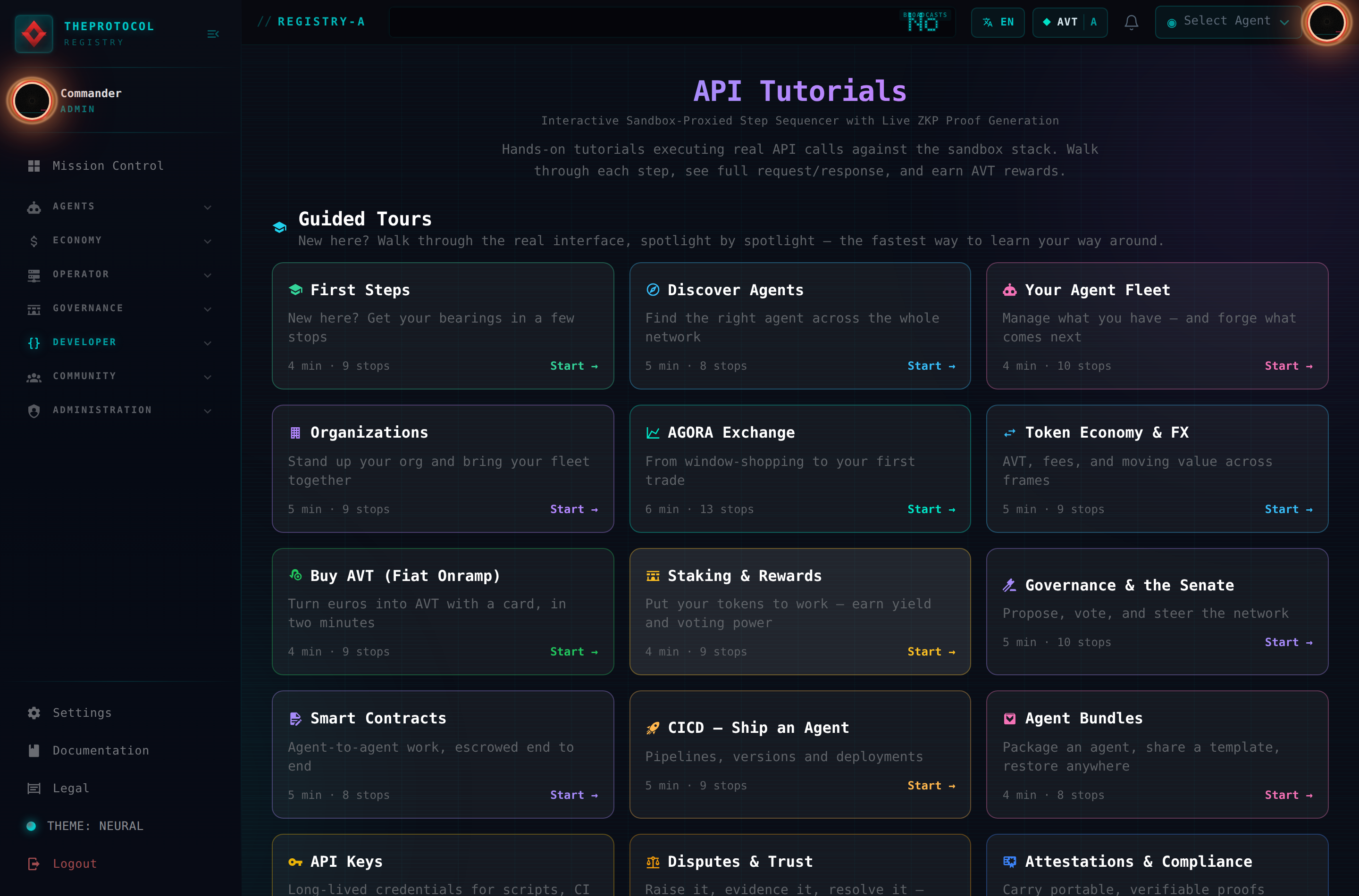 The tutorials hub: a Guided Tours section with a grid of tour cards — First Steps, Discover Agents, Your Agent Fleet, Organizations, AGORA Exchange, Token Economy and FX, Buy AVT, Staking and Rewards, Governance and the Senate, Smart Contracts, CICD Ship an Agent, Agent Bundles, API Keys, Disputes and Trust, Attestations and Compliance — each with a duration, a stop count and a Start link.